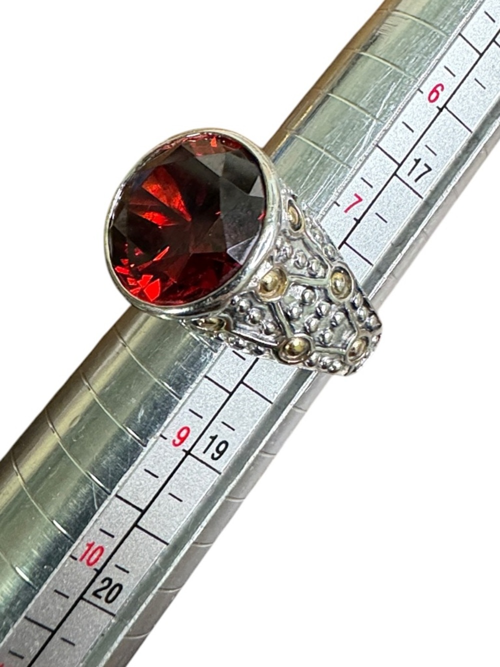 Silver Tone Ring with Deep Red Stone